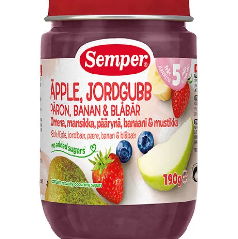 Frugtpure m jordbær, æble, pære, banan & blåbær 5 mdr