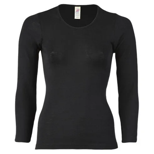 Langærmet Bluse, Uld/silke, Black | Str. 46/48