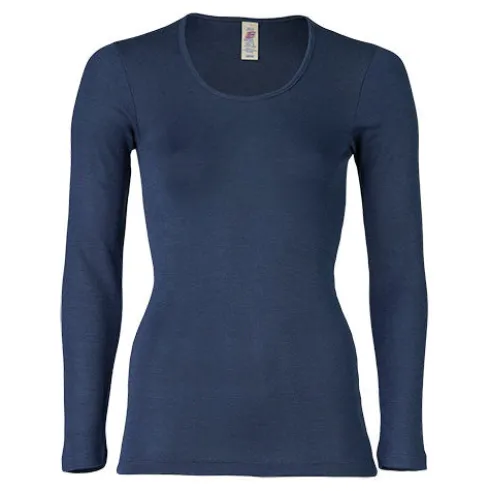 Langærmet Bluse, Uld/silke, Navy | Str. 38/40