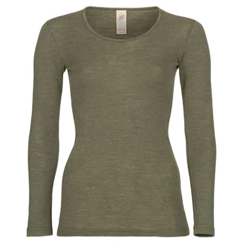 Langærmet Bluse, Uld/silke, Olive | Str. 42/44