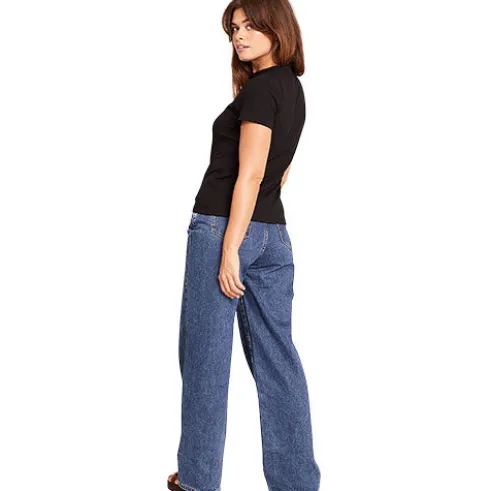 Women's Ribbed Crew Neck T-shirt Sort | Str. S